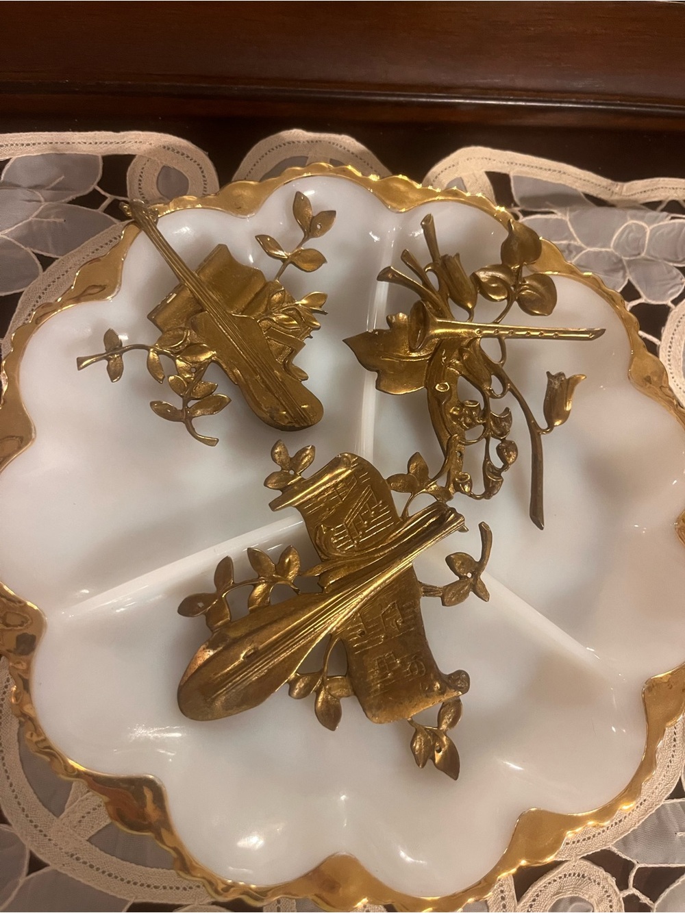 Vintage Brass Wall Hangings • three included • Musical Instruments and florals